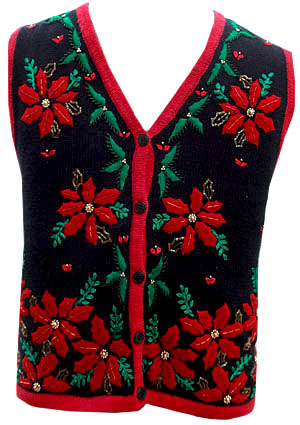 mens XXS) Ugly Christmas sweater vest. RED POINSETTIA flowers with ...