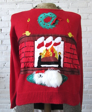 Mens M Short Ugly Xmas Sweater Fuzzy Doggie Blingy Fireplace As