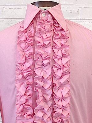 (S) Mens 1970's Ruffled Tuxedo Shirt! Pink w/ 3 Rows of Ruffles! - Sazz Vintage Clothing