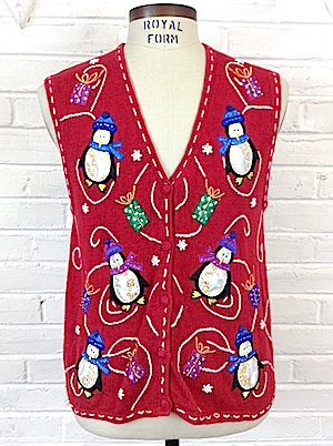 Sazz Vintage Clothing mens Snug S Red Ugly Xmas Sweater Vest with Sequined PENGUINS and Presents