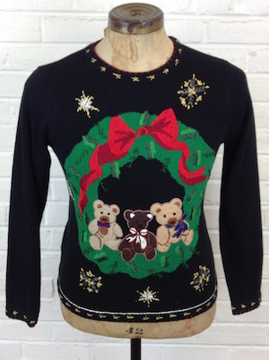 BP Design Teddy Bear Christmas Sweater Size XL Wreath Beaded Embroidered