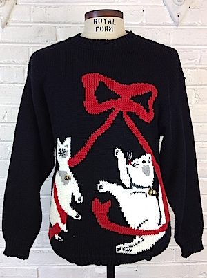 Sazz Vintage Clothing: (mens M) Ugly Xmas Sweater! Super Cute White Kitties  Playing with a Red Bow! REAL BELLS!