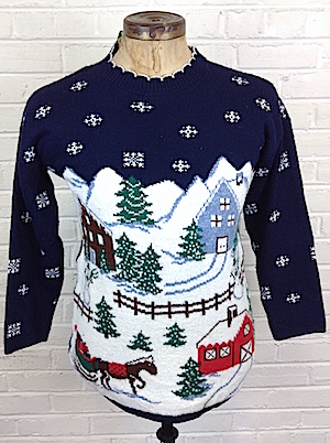 Sazz Vintage Clothing mens M snuggly Ugly Christmas Sweater. Winter wonderland scene