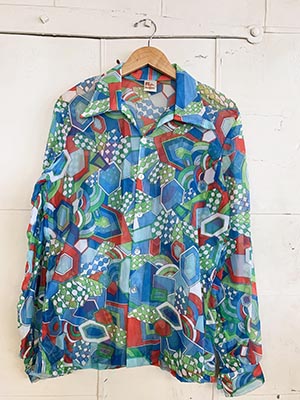 Sazz Vintage Clothing: (XS) Mens Vintage 70s Huk A Poo Disco Shirt. Sky  Blue, Red & Orange Trippy Print.