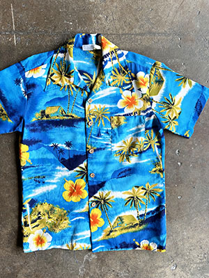 Sazz Vintage Clothing: (M) Mens Vintage 70s Hawaiian Disco Shirt! Blue,Yellow,Off-White  & Orange w/ Flowers and Sailboats.