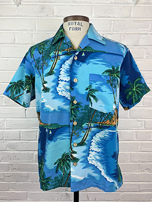 Sazz Vintage Clothing: (M) Mens Vintage 70s Hawaiian Disco Shirt!  Blue,Yellow,Off-White & Orange w/ Flowers and Sailboats.