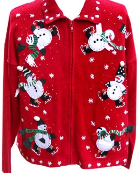 (mens M) Ice Skating Snowmen falling down on your Ugly Xmas Cardigan. as-is