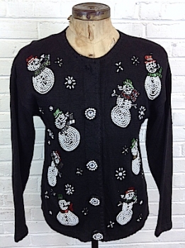 (mens M) Ugly Xmas Sweater Cardigan, Fabulously BEADED Snowmen, BEADED Pipes! as-is