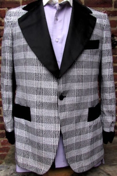 (41) Men's Vintage 70's Tuxedo Jacket! Glittery Silver, Black, White Checker Plaid! TALL