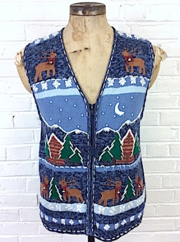 (Mens S) Ugly Xmas Sweater Vest!  Snowy Night w Reindeer!  REAL BELLS!!!