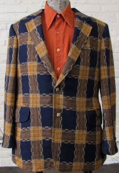 (42) Men's Vintage 70's Blazer! Dark Blue and Yellow Plaid!  Thick and Woven Texture!