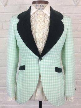 (36) Men's Vintage 70's Tuxedo Jacket. Mint Green & White Checkered w/ Green VELVET lapels!