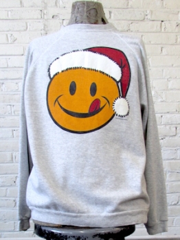 (mens L) Ugly Xmas Sweatshirt! Yellow Smiley Face w/ Santa Hat & Tongue Sticking Out!!