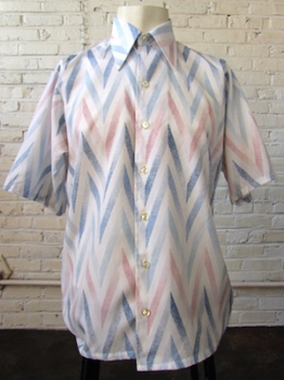 (L) Men's Vintage 70's Short Sleeve Disco Shirt! Pink & Blue Speckled Zig-Zags!