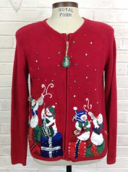 (Mens M) Ugly Xmas Sweater! Snowman Band Playing on a Stage of Xmas Gifts!