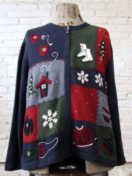 (Mens L) Ugly Xmas Sweater! Warm Winter Images in Red, Green & Blue Patchwork!