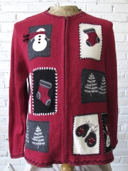 (Mens L) Ugly Xmas Sweater Cardigan! Snowman, Stockings, Trees & Mittens!