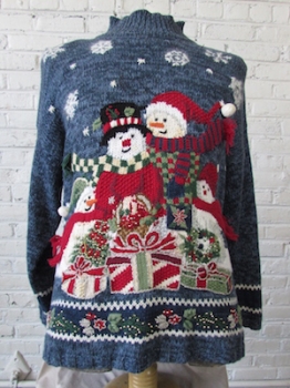 (Mens L) Ugly Xmas Sweater!  Snowman Family w/ a Pile of Xmas Presents! Embellished w/ Beads!