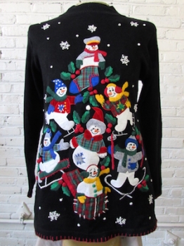(mens M) ugly Xmas pullover Sweater. Snowmen Jumble Christmas Tree!