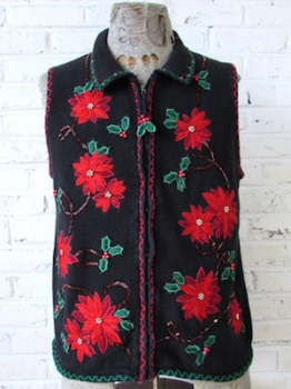 (mens M) Ugly Xmas Sweater Vest! Poinsettias with Pizzaz!