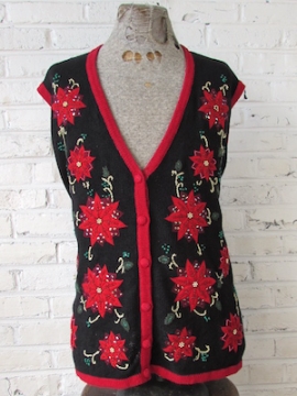 (mens XS) Ugly Xmas Sweater Vest! Glittery and Glitzy Poinsettias! Lotsa Sparkle!