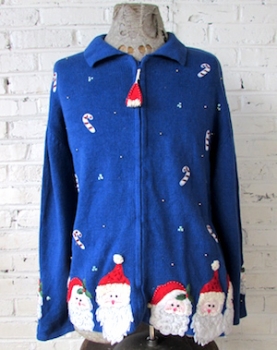 (mens L) Ugly Xmas Sweater Cardigan! Santa Faces w/ Sparke & Candy Canes!