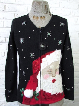 (mens XL) Ugly Xmas Sweater! Freaky Cool SPARKLY SANTA FACE w/ Snowflakes!