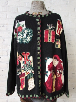 (mens 2XL) Ugly Xmas Sweater Cardigan! Victorian-esque Holiday Images! Father Christmas!