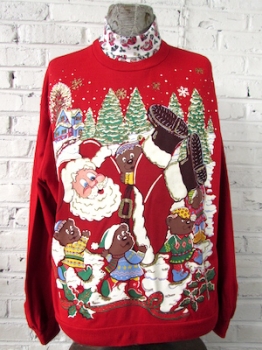 (Mens XL) Ugly Xmas Sweatshirt! Santa Carried Away by Teddy Bears!! Puffy Paint!