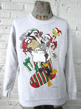 (Mens M) Ugly Xmas Sweatshirt! Looney Tunes Gang Comin' Out of a Stocking!