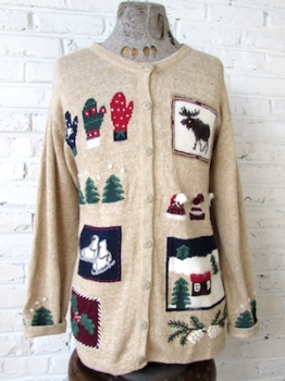 (mens 2XL) Ugly Xmas Sweater! Winter-y Stuff! Mittens, Ice Skates, Hats, Moose!