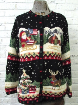 (mens M) Ugly Xmas Sweater! Patriotic Santa on a Sled, Reindeer & Tree!