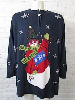 (Mens Roomy L) Ugly Xmas Sweater! Crazy Snowman Twirling Xmas Lights Around Himself!