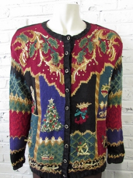 (Mens XL) Ugly Xmas Sweater! Decadent Jewel Toned Xmas Stuff on Patchwork!
