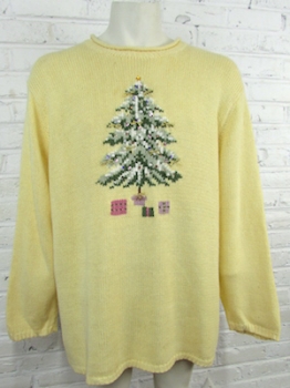 (Mens 3XL) Ugly Xmas Sweater! Buttery Yellow Sweater w/ Fancy Bedazzled Xmas Tree! REAL BELL!!!