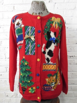 (Mens M) Ugly Xmas Sweater! Kitty Cats Playing w/ Ornaments,  Wreath & Presents! REAL BELL!