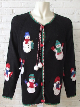 (Mens XL) Ugly Xmas Sweater. Sparkly Snowmen! Candy Cane Striped Tassel w/ Pom Poms!