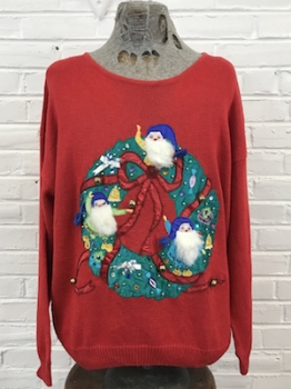 (mens XL) Ugly Xmas Sweater. Fuzzy Bearded Jingle Elves Poppin Out of a Wreath! Real Bells!