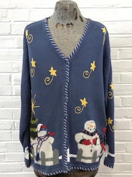 (mens 3XL-4XL) Ugly Xmas Sweater. Shooting Stars and a Snowman Block Party!