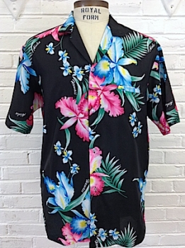 (L) Vintage Mens 70s Hawaiian Shirt! Black w/ Bright Blue & Magenta Hibiscus Flowers! As-Is
