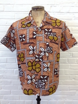 (L-XL) Vintage Mens 70s Hawaiian Shirt! Flowers & Funky Patterns on a  Brown Wood Grain-like Base!