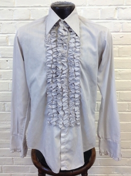 (S) Mens Vintage 1970's Ruffled Tuxedo Shirt! Light Gray w/ 3 Rows of Ruffles!