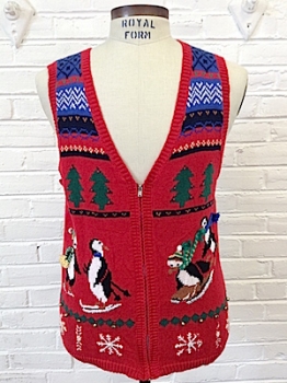 (Mens S) Ugly Xmas Sweater Vest! Super Cute Skiing Penguins & REAL BELLS! As-Is