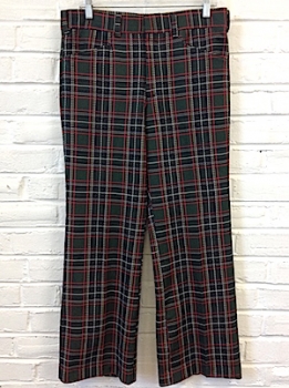 (32x29) Men's Vintage 70's Disco Pants! Green w/ Red, Yellow, White & Navy Xmas Plaid!