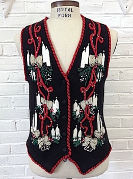 (mens L) Ugly Xmas Sweater Vest! Candles, Ribbons, Holly & Lotsa Sparkly Gold Beads!