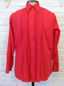(L) Mens 1970s Tuxedo Shirt! Fire Engine Red w/ Black Tipped Pleats!