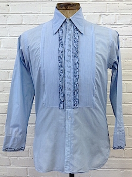 (L) Mens 1970's Ruffled Tuxedo Shirt! Light Blue w/ 2 Rows of Ruffles, Pleats & Embroidered Center!