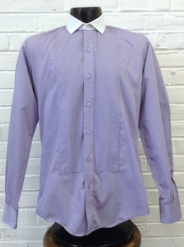 (S) Mens Vintage 70s Men's Pleated front Tuxedo Shirt. Lavender w/ White Collar.
