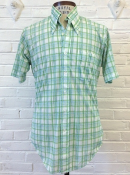 (M) Mens Vintage 70s Short Sleeve Disco Shirt! White, Green & Blue Plaid!
