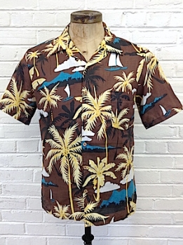 (L) Vintage 70's Mens Hawaiian Shirt! Brown w/ Yellow Palm Trees &  Turquoise Volcanos!